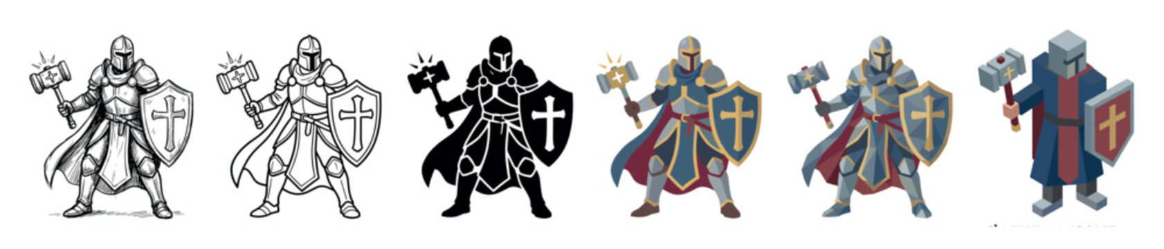 Knight warrior character holding hammer and shield with cross multi style icon set