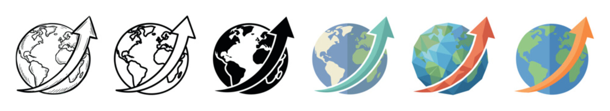 Earth globe arrow up multi style icon set with sketch, outline, solid, flat, and low poly