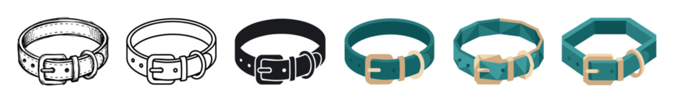 Pet collar buckle strap multi style icon set with hand-drawn sketch, outline, solid, flat, and isometric styles