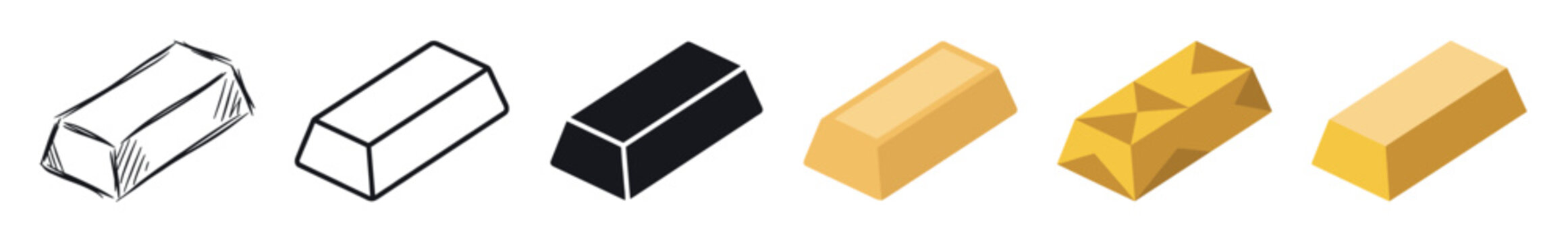 Gold bar ingot multi style icon set with sketch, outline, solid, flat, and isometric styles