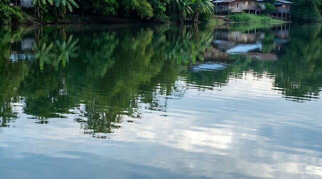 Reflections of stilt houses and lush tropical trees on a calm river surface