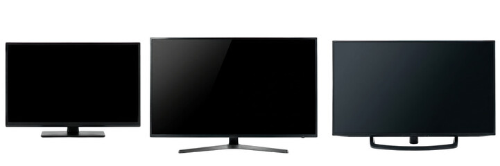 A Set of modern widescreen monitors isolated on white, sleek black computer screens illustration...