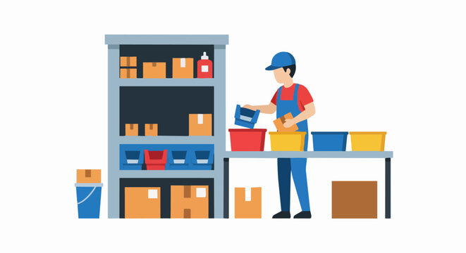 Warehouse Worker Sorting Packages and Goods in Logistics Storage Facility, Order Fulfillment Process Flat Vector Illustration