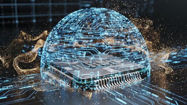 A vibrant quantum computing chip pulsates with illuminated circuits and digital data streams, encased within an ethereal energy sphere amidst swirling particles, symbolizing advanced