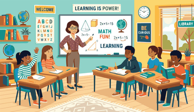 Teacher explains math to students in a classroom setting with children