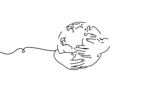 Animation of line drawing of globe wrapped by protective hands symbolizing global human rights advocacy.