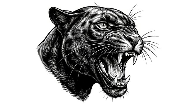 Fierce growling panther head in a tattoo-style design, evoking strength and wild power, black-and-white sketch engraving style vector illustration created with generative AI. Scratchboard imitation.