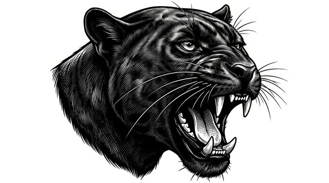 Fierce growling panther head in a tattoo-style design, evoking strength and wild power, black-and-white sketch engraving style vector illustration created with generative AI. Scratchboard imitation.