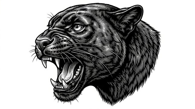 Fierce growling panther head in a tattoo-style design, evoking strength and wild power, black-and-white sketch engraving style vector illustration created with generative AI. Scratchboard imitation.