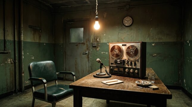 Retro 1970s police interview room with tape recorder