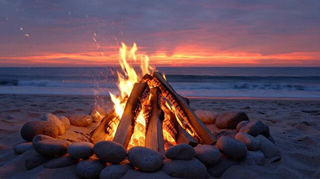 Campfire flames on the beach at sunset with ocean and sky background