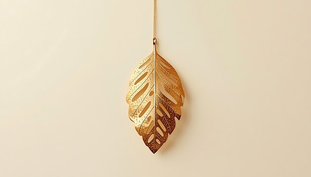 A delicate leaf ornament made of intricately cut metal with a golden finish, featuring a naturalistic leaf design with visible veins and a subtle sheen, suspended from a thin golden thread, set agains