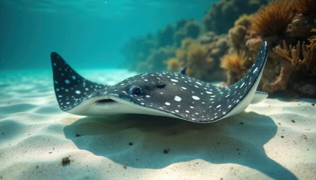 Spotted eagle ray glides over sandy seabed in clear turquoise water near coral reef. Marine animal swims in shallow ocean depth. Wildlife underwater scene.
