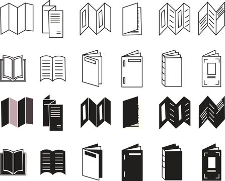 Book line icon set featuring leaflet, flyer, catalog, open magazine, booklet, and corporate print collateral vector symbols.
