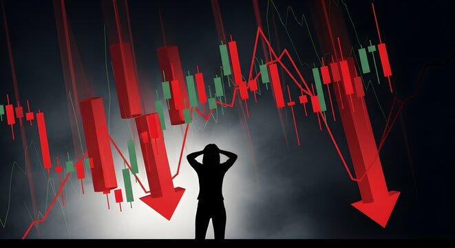 Financial market downturn with stressed person silhouette amidst falling stock prices