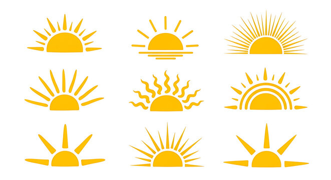Collection of stylized hand drawn sun rise and sunset icons with sunshine