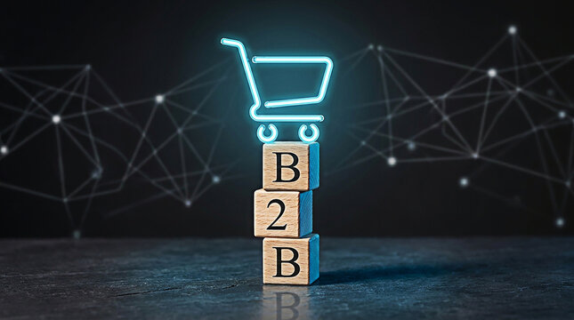 Glowing neon shopping cart symbol resting on top of stacked wooden blocks with b2b letters