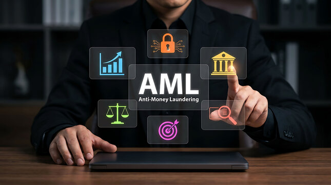 Man in suit pointing at AML anti money laundering compliance digital interface display