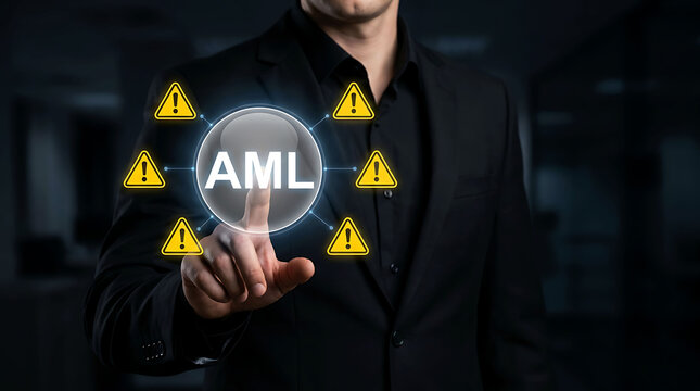 Businessman pointing to AML circle button surrounded by warning signs