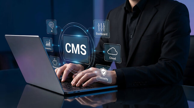 CMS platform management with corporate business person typing on laptop computer