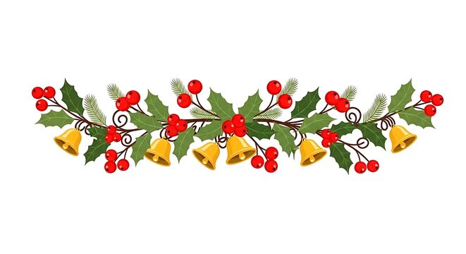 Festive Christmas border design featuring holly berries, green leaves and golden jingle bells