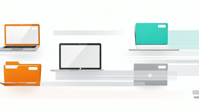 Digital organization and data management with laptops, monitors, and folders on shelves, showcasing a modern electronic storage concept