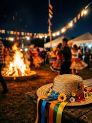 Obraz premium Brazilian Cultural Celebration. Straw hat with colorful ribbons and flowers at a traditional Festa Junina bonfire party, festive night gathering in rural Brazil.