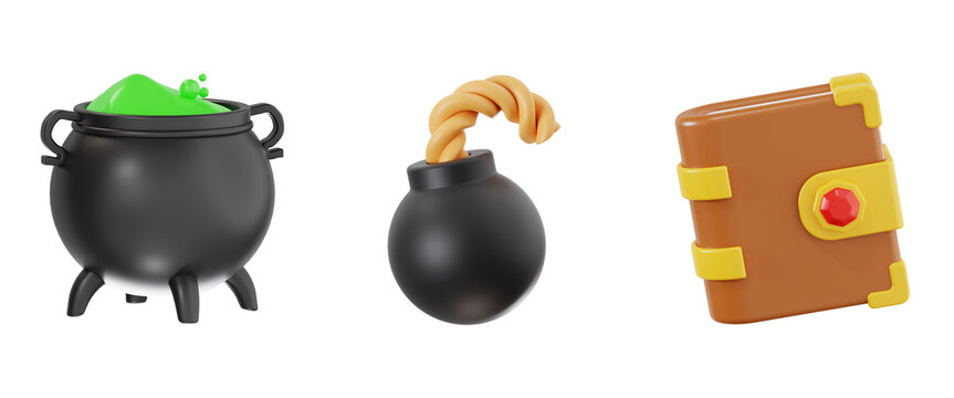 3D fantasy game asset icon set featuring bubbling cauldron bomb and magic spellbook