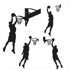Set of Basketball Player Silhouettes Slam Dunking and Scoring Points at the Hoop Isolated on White Background © shahriar