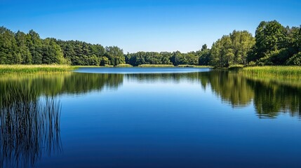 Fototapeta premium A tranquil lake reflecting the clear sky, representing a world where waste does not pollute natural resources