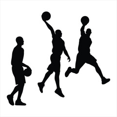 Basketball Player Silhouette Set, Male Athletes Dribbling, Jumping, and Slam Dunking, Sports Action Concept © shahriar