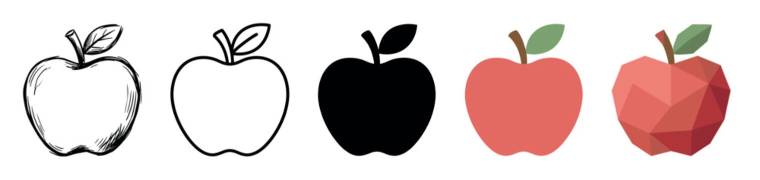 Apple fruit multi style icon set with hand-drawn sketch, outline, solid, flat, and low poly
