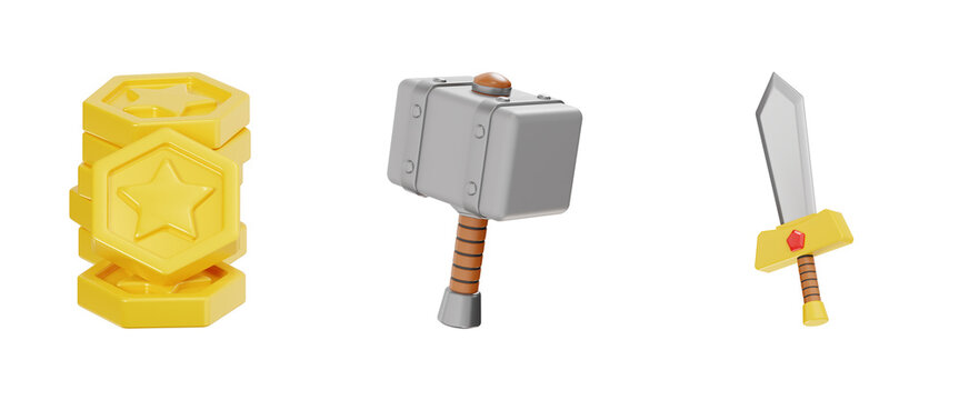 3D game weapon and currency set with stack of gold coins war hammer and sword