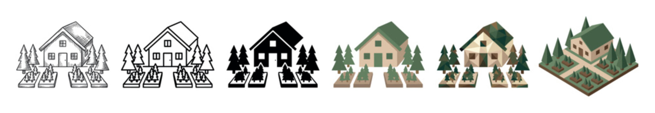 House building pine tree garden multi style icon set with sketch, line art, silhouette, flat, low poly, and isometric styles
