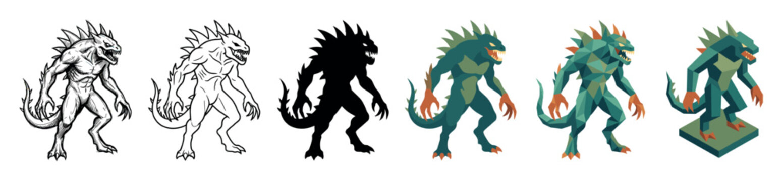 Monster creature lizard beast character multi style icon set with sketch, outline, silhouette, flat, low poly, and isometric