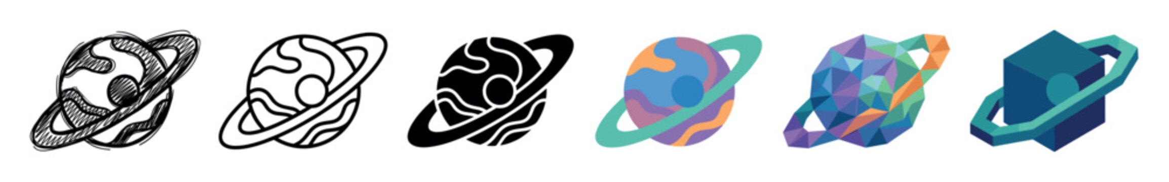Planet with rings multi style icon set with doodle, outline, glyph, flat, low poly, and isometric styles for space exploration