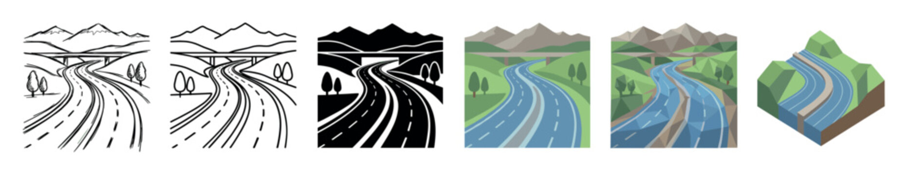 Road highway bridge mountains trees landscape multi style icon set with sketch, outline, solid, flat, low poly, and isometric