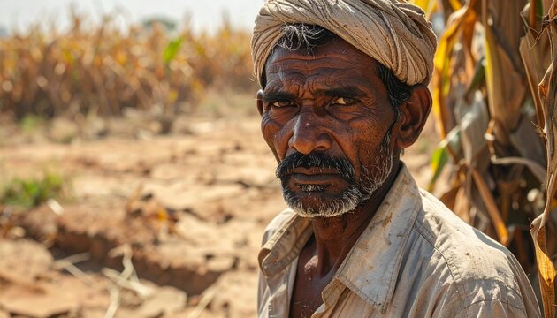 Tensed Indian male farmer in rural farm facing difficult farming conditions