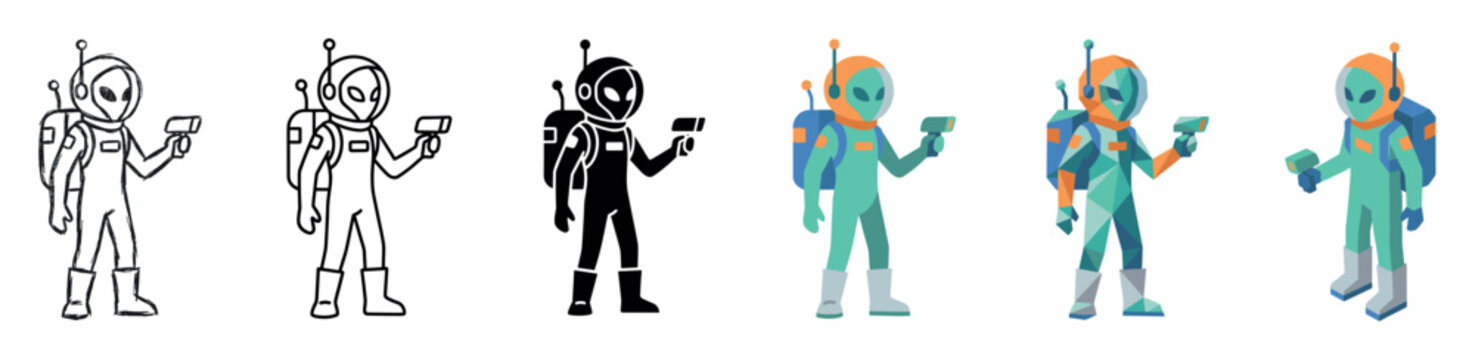 Alien astronaut character holding a ray gun multi style icon set with sketch, outline, glyph, flat, low poly, and isometric styles