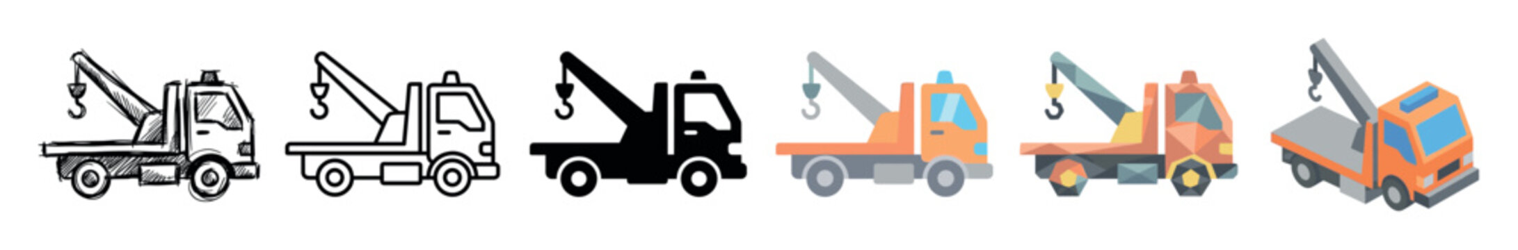 Tow truck vehicle multi style icon set with sketch, outline, solid, flat, low poly, and isometric styles for transportation concepts