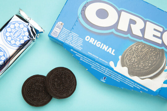 Mykolaiv, Ukraine - April 25, 2026: A package of Original Oreo chocolate sandwich cookies on blue background
