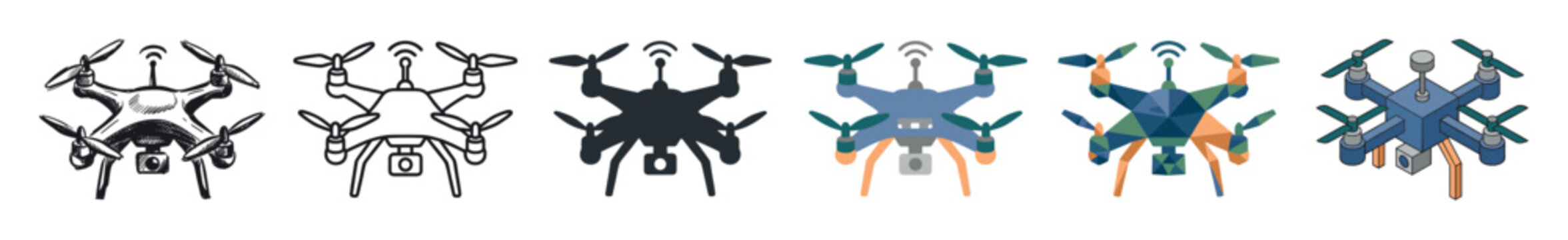 Drone quadcopter camera multi style icon set with sketch, outline, silhouette, flat, low poly, and isometric styles for technology and aerial photography concepts