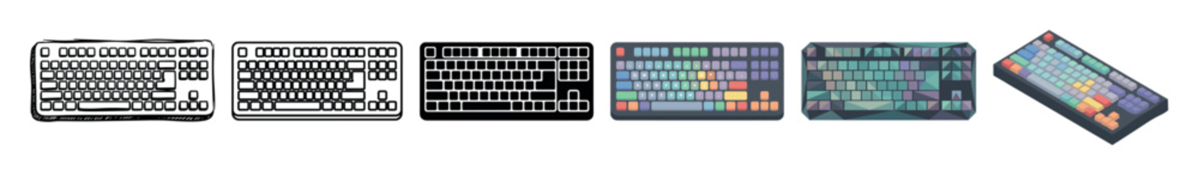 Computer keyboard device multi style icon set with outline, solid, flat, and isometric designs for technology concepts