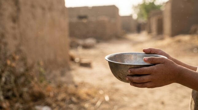 Hands holding an empty metal bowl in a dusty impoverished village setting
