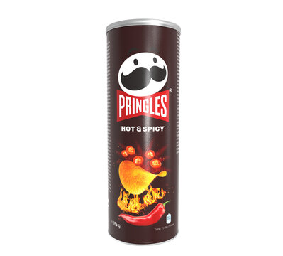 Malaga, Spain - November 07, 2026. Packet of Pringles Hot and Spicy crisps on transparent background. Crispy fries