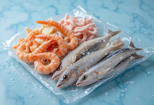 Fresh raw fish and shrimp on a plate with ice for a healthy seafood meal prepared for cooking dinner. comida congelada