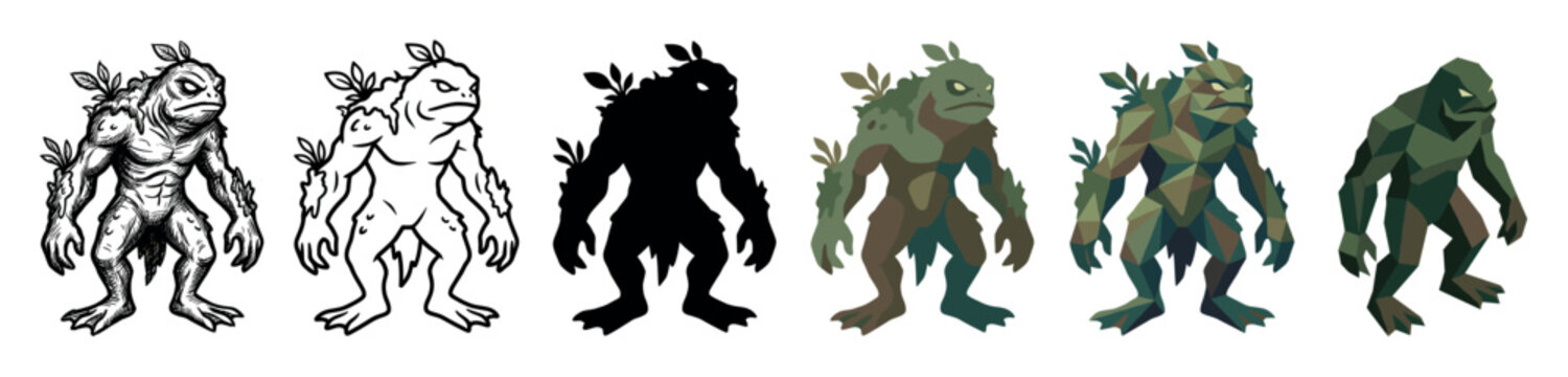 Swamp monster creature character multi style icon set with sketch, outline, silhouette, flat, and low poly styles for game design or fantasy concepts