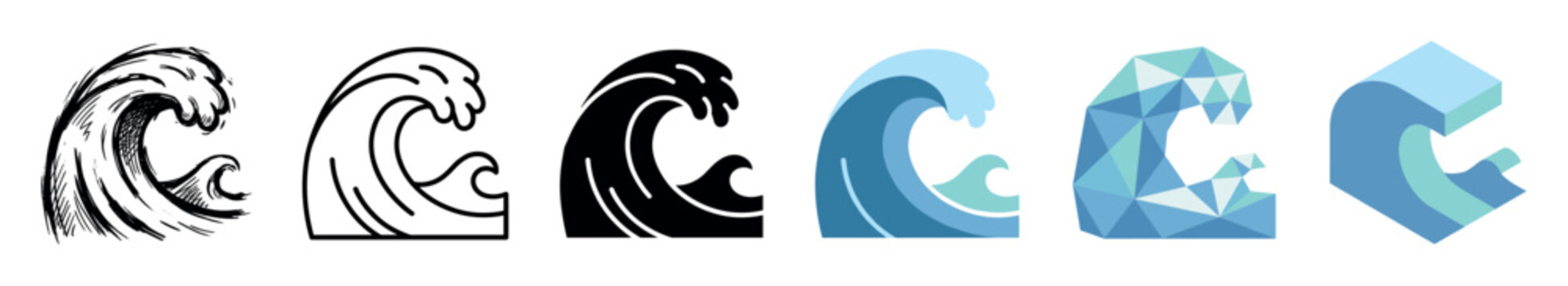 Ocean wave multi style icon set with hand-drawn sketch, outline, solid glyph, flat color, low poly, and isometric styles