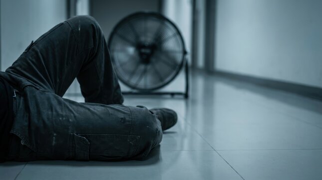 Man in work clothes lying on the floor near an industrial fan in a hallway