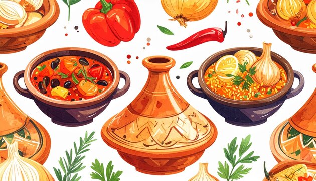 Moroccan tagine pots with fresh vegetables and spices in seamless pattern illustration on white background